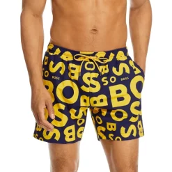 Hot Sale 🎁 BOSS Camio Logo Print Regular Fit Swim Trunks Yellow Multi 😍