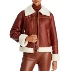 Coupon 🧨 BOSS Shearling Trim Leather Jacket Medium Brown ✔️