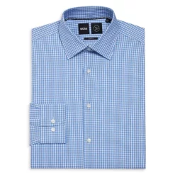 Brand new 🧨 BOSS Cotton Blend Check Sharp Fit 👗 Dress 👕 Shirt Light Blue 🎁