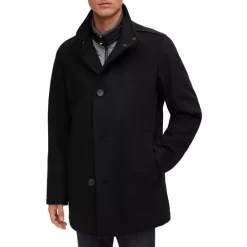 New 🔥 BOSS H-Coxtan-224 1024403 Wool & Cashmere Attached Bib 🧥 Coat Black 🧨