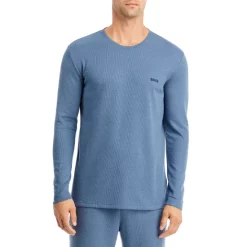 Outlet 🌟 BOSS Cotton Blend Waffle Knit Logo Embroidered Long Sleeve Tee Bright Blue ⭐