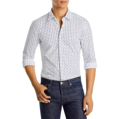 New 👍 BOSS Roan Slim Fit Geometric Print Long Sleeve 👚 Shirt White/turquoise Aqua 😀