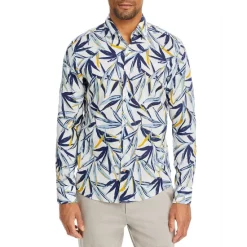 Flash Sale β BOSS Linen & Cotton Botanical Print Casual Fit Button Down π Shirt Blue Multi π